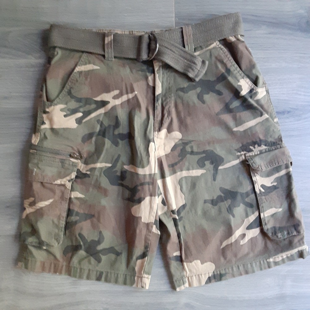 Airwalk Mens Camo Cargo Shorts Size 34 Green Brown Ripstop With Belt Woodland